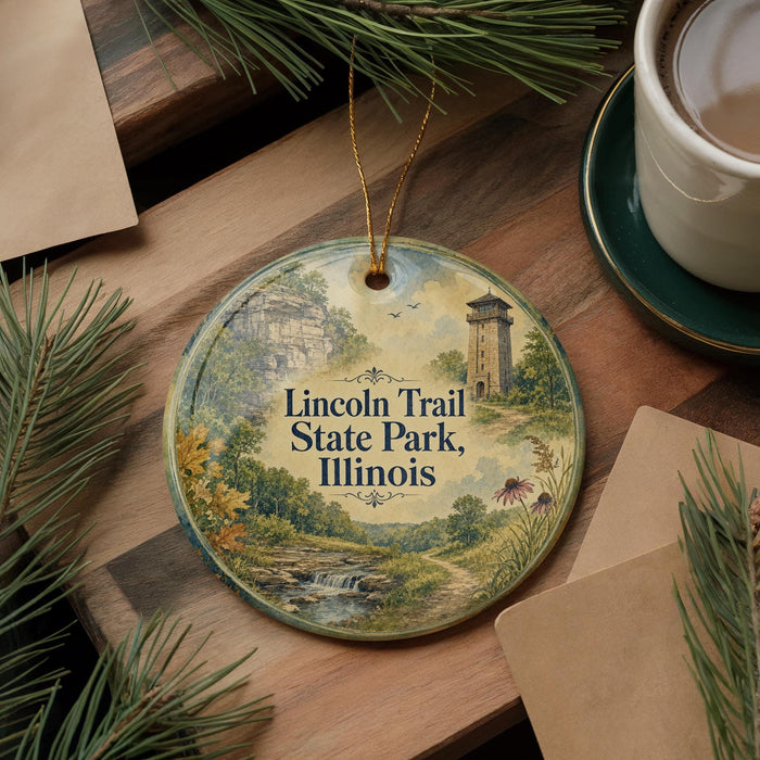 A decorative ornament featuring a scenic landscape of the Lincoln Trail State Park in Illinois, with a tower visible in the background.