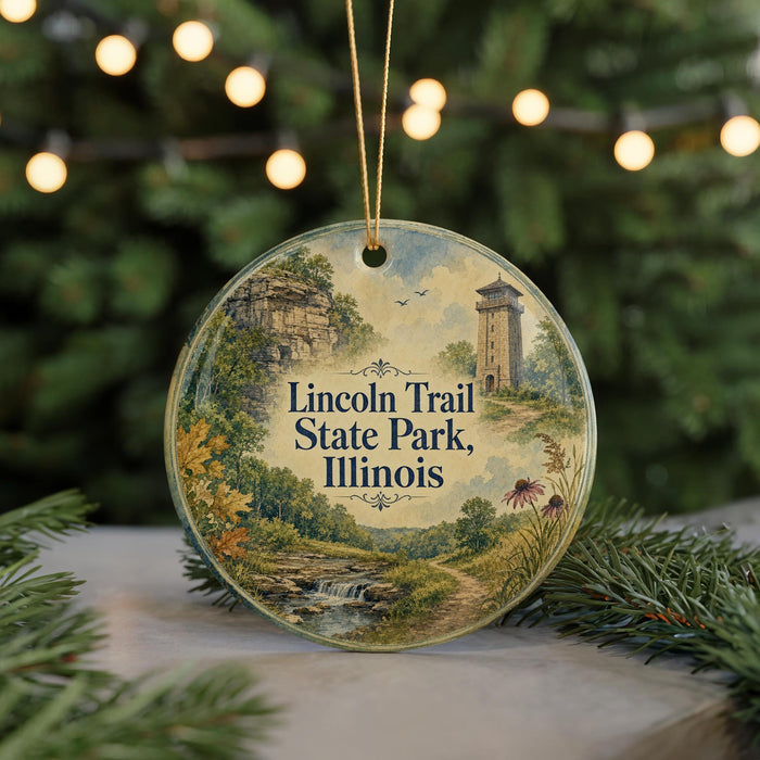 A round ornament with a scenic landscape of the Lincoln Trail State Park in Illinois, featuring a tower and a waterfall.