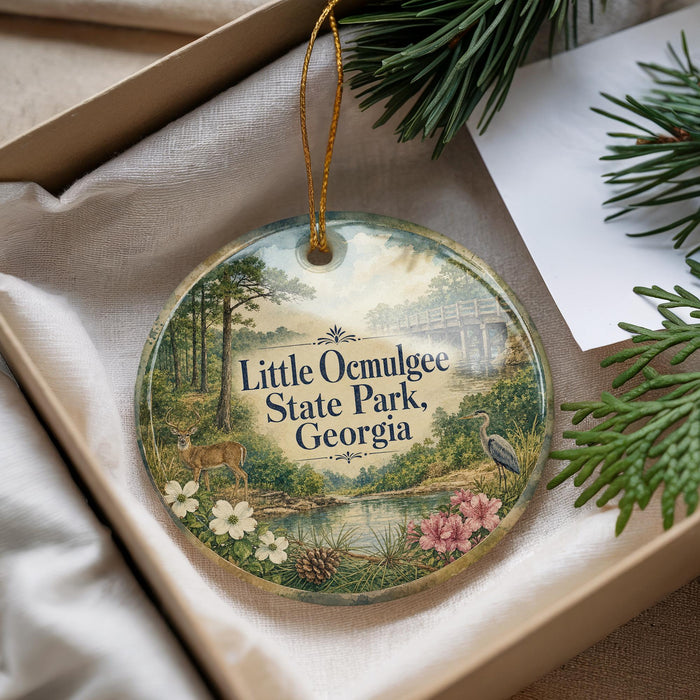 A decorative ornament with a scenic landscape of Little Ocmulgee State Park, Georgia, featuring a deer, pine trees, and flowers.
