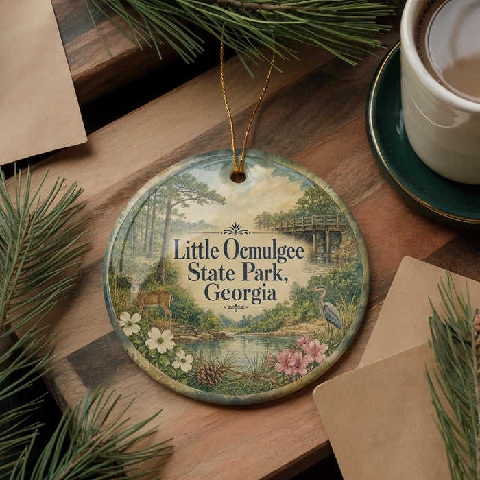 A decorative ornament featuring a scenic landscape of Little Ocmulgee State Park, Georgia, with a deer, pine trees, and a pond. The ornament is hanging on a wooden surface, surrounded by pine branches and a cup of coffee.