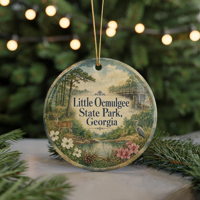 A round ornament with a scenic image of Little Ocmulgee State Park, Georgia, featuring a deer, flowers, and a bridge.