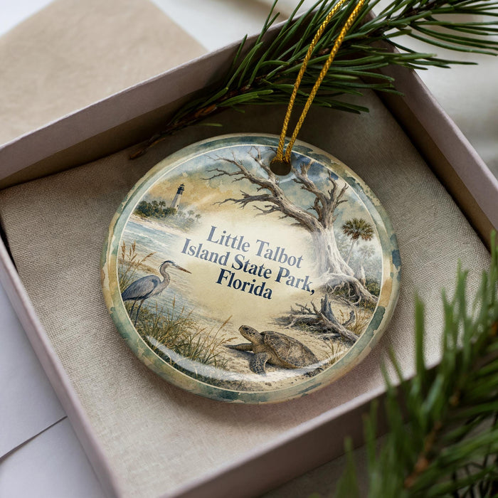 A decorative ornament in a box, featuring a scenic image of Little Talbot Island State Park, Florida, with a bird, a lighthouse, and a palm tree.