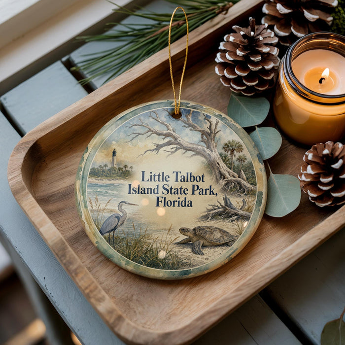 A wooden tray with a decorative ornament featuring a bird, a lighthouse, and a palm tree, along with pine cones and a lit candle.