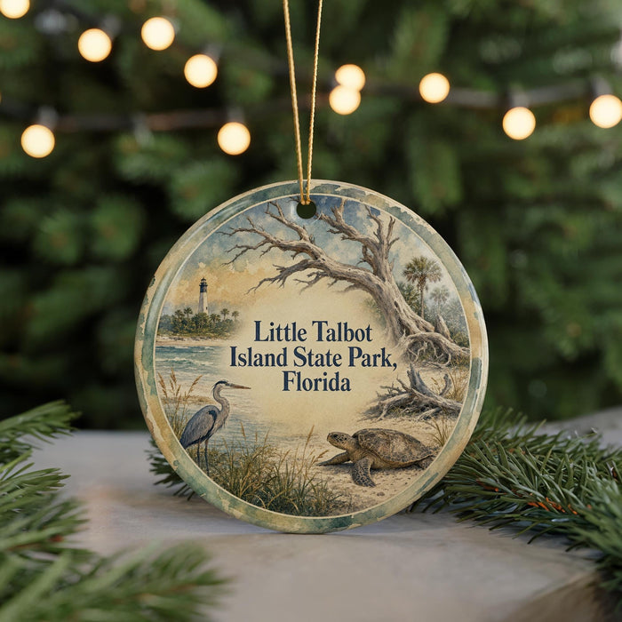 A circular ornament featuring a serene scene of a bird, a turtle, and a lighthouse, with the text "Little Talbot Island State Park, Florida" displayed prominently.