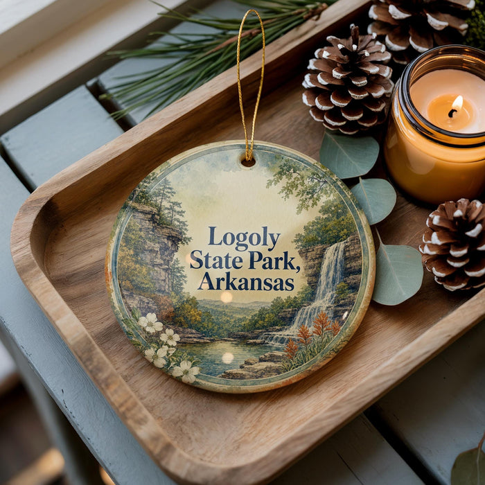 A decorative ornament featuring a scenic landscape of Loggy State Park, Arkansas, with a waterfall and pine trees. The ornament is placed on a wooden tray, accompanied by pine cones and a lit candle.