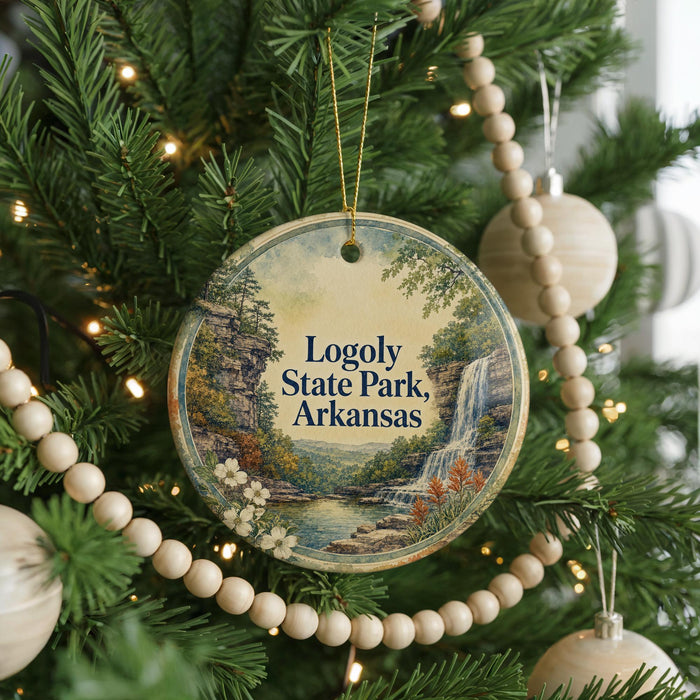 A round ornament hanging on a Christmas tree, featuring a scenic image of Loggy State Park in Arkansas.