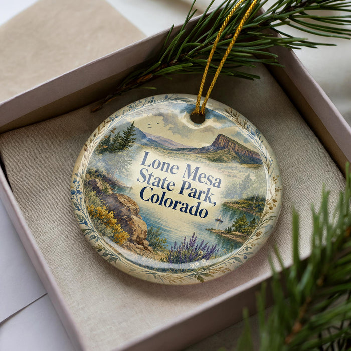 A decorative ornament with a landscape scene featuring mountains, water, and pine trees, placed in a box with pine branches.