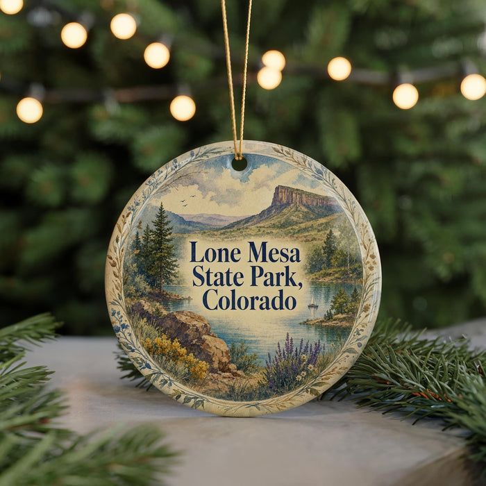 A round ornament with a scenic landscape of Lone Mesa State Park, Colorado, featuring a mountain, lake, and pine trees.