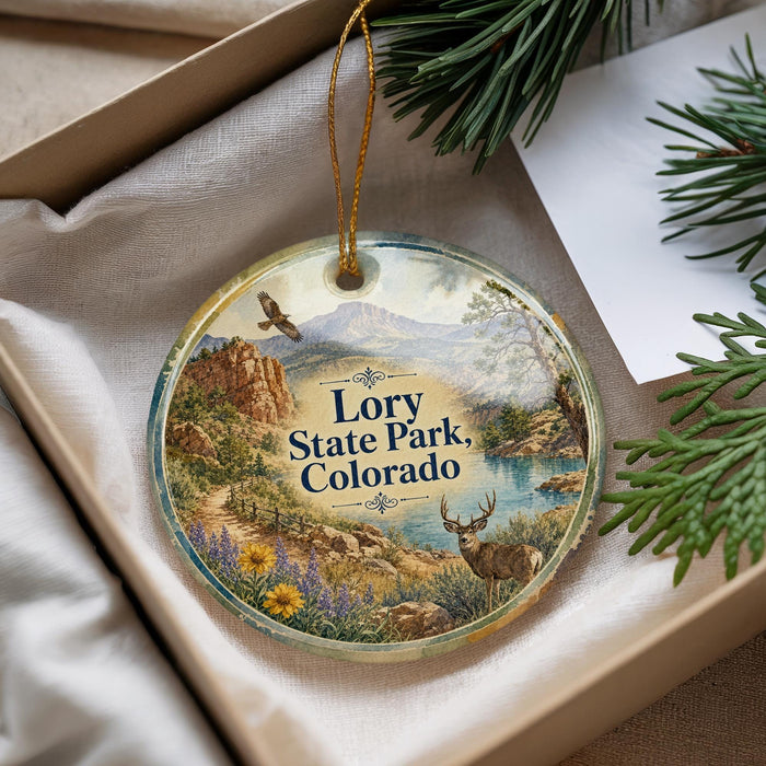 A decorative ornament with a scenic landscape of mountains, trees, and wildlife, including a deer, is displayed in a box with pine branches.