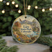 A round ornament with a scenic landscape of Lory State Park, Colorado, featuring a mountain, river, and wildlife.