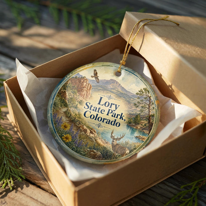 A decorative ornament in a box, featuring a scenic landscape with mountains, trees, and wildlife, including a deer.
