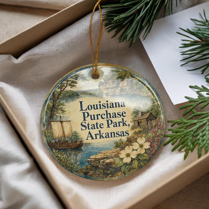 A decorative ornament with a scenic image of Louisiana Purchase State Park, Arkansas, hanging from a string.
