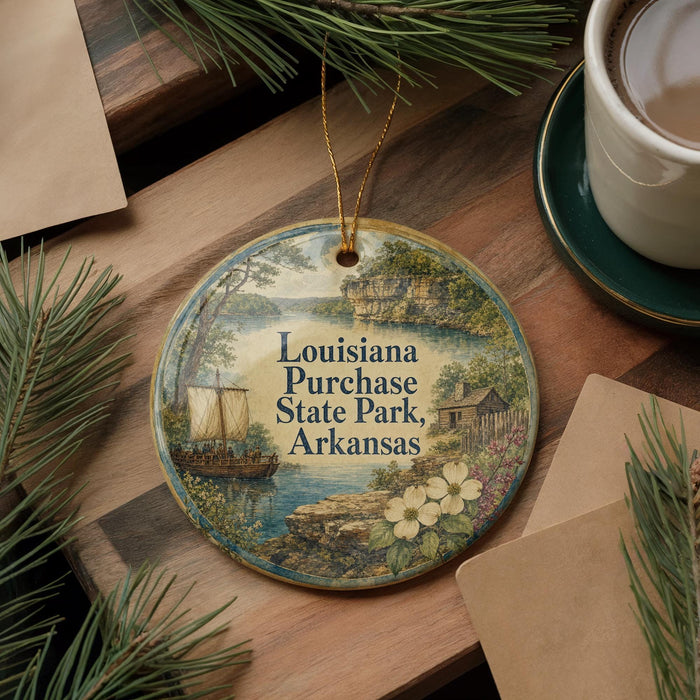 A decorative ornament with a painting of a river and a sailboat, surrounded by pine branches and a cup of coffee on a wooden surface.