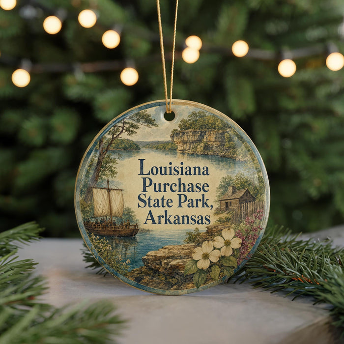 A round ornament with a painting of a boat and a house, surrounded by greenery, with the text "Louisiana Purchase State Park, Arkansas" displayed on it.