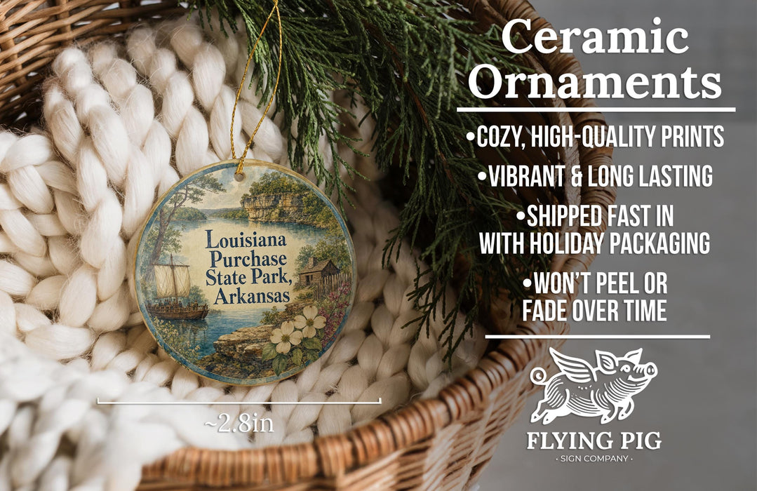 Ceramic ornaments, specifically a Louisiana Purchase State Park, Arkansas ornament, are displayed in a basket.