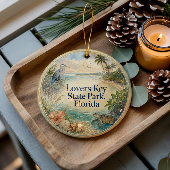 A decorative ornament with a tropical beach scene, featuring a bird, palm trees, and a body of water, is displayed on a wooden tray alongside pine cones and a lit candle.