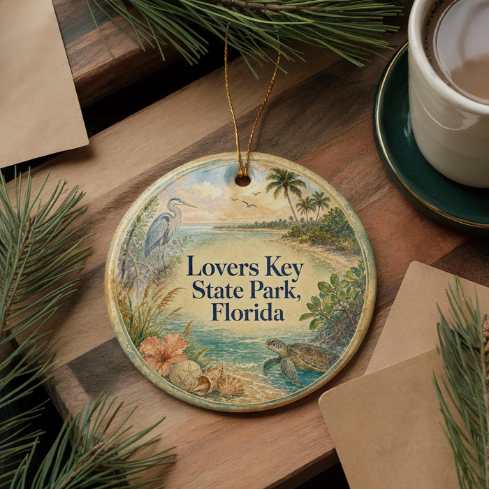 A round ornament with a tropical beach scene and a bird is displayed on a wooden surface, accompanied by a cup of coffee and some pine branches.