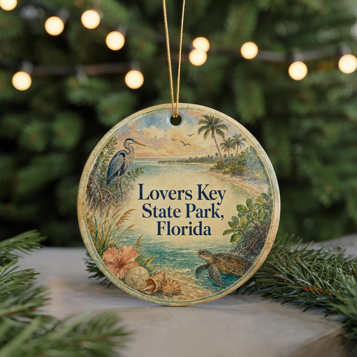 A circular ornament with a beach scene and tropical birds, featuring the text "Lovers Key State Park, Florida" on it.