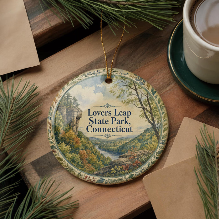 A decorative ornament with a scenic landscape of a river and forest, featuring the text "Lovers Leap State Park Connecticut" on it, placed on a wooden surface alongside a cup of coffee and some pine branches.