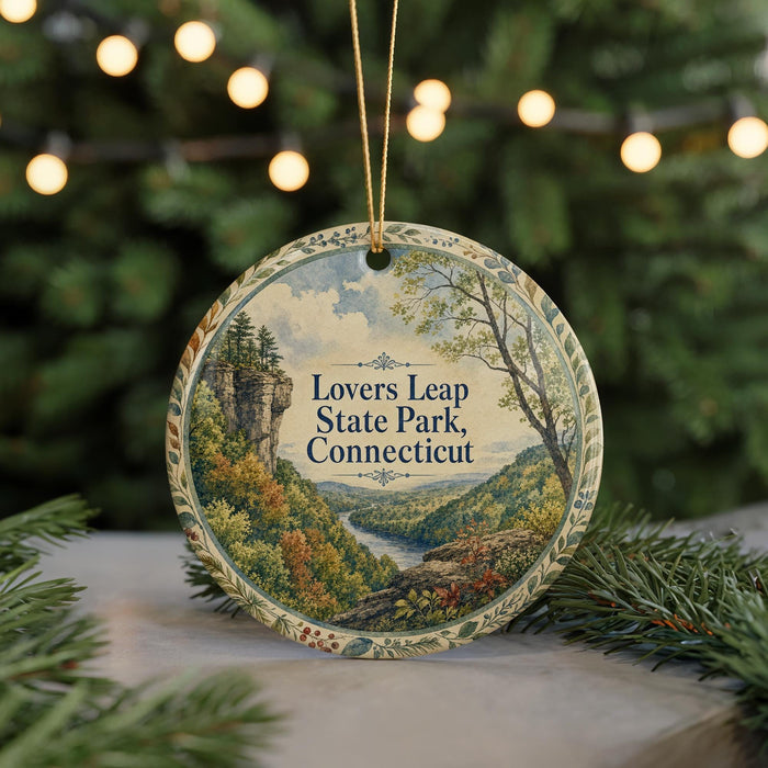 A round ornament with a scenic landscape of a river and mountains, surrounded by greenery, is displayed in front of a blurred background with twinkling lights.