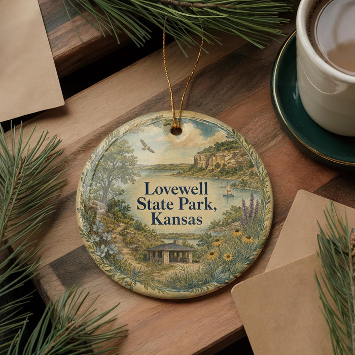 A round ornament with a scenic landscape of Lovewell State Park, Kansas, featuring a house, trees, and a lake.