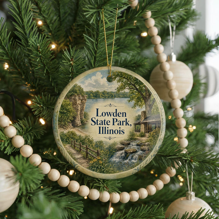 A round ornament hanging on a Christmas tree, featuring a scenic landscape with a lake, trees, and a cabin.