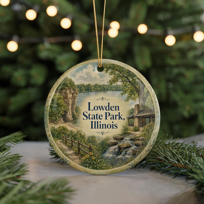 A round ornament with a scenic landscape of Lowden State Park, Illinois, featuring a lake, forest, and a cabin.