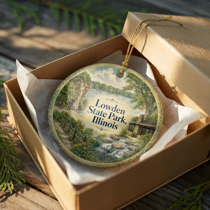 A decorative ornament in a box, featuring a scenic landscape with a waterfall and a cabin, with the text "Lowden State Park, Illinois" printed on it.