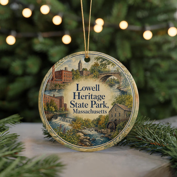 A round ornament with a painting of Lowell Heritage State Park in Massachusetts, featuring a river, buildings, and a bridge.