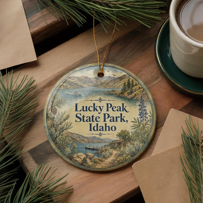A round ornament with a scenic landscape of Lucky Peak State Park in Idaho, featuring pine trees, mountains, and a lake.
