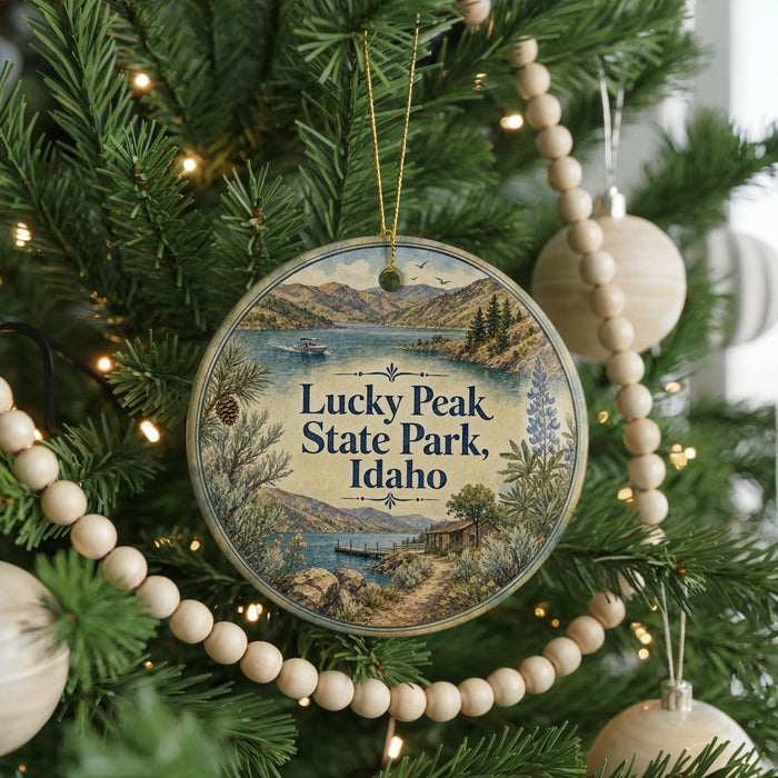 A circular ornament hanging on a Christmas tree, featuring a scenic landscape with mountains, water, and pine trees.