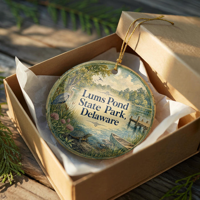 An oval-shaped ornament with a scenic landscape of a pond, trees, and a boat, displayed in a cardboard box with a gold string.