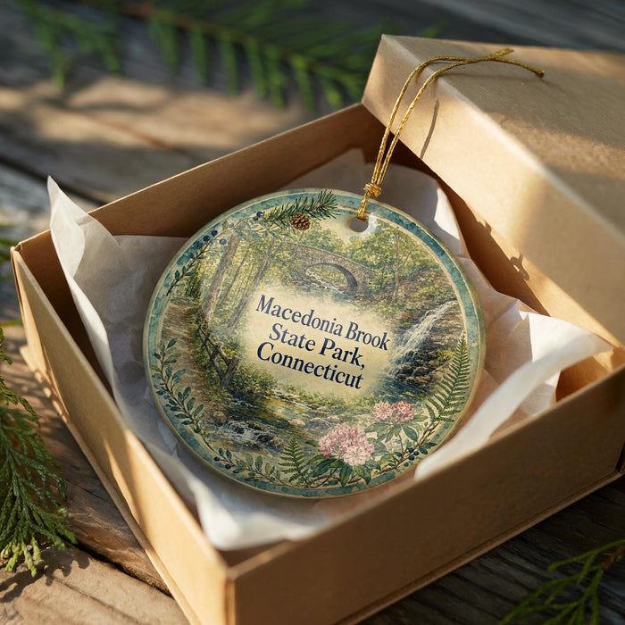 A decorative ornament in a brown box, featuring a scenic landscape with a bridge and greenery, with the text "Macedonia Brook State Park, Connecticut" printed on it.