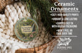Ceramic ornaments, featuring a detailed image of a forest scene, are displayed in a woven basket. The text highlights the ornaments as "Ceramic Ornaments" and mentions their features such as "Cozy, High-quality Prints", "Vibrant & Long Lasting", "Shipped Fast in with Holiday Packaging", and " Won't Peel or Fade Over Time". The image also includes a scale indicating the size of the ornaments, with the text "2.8in" and the logo of &qu