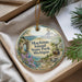 A decorative ornament with a scenic image of Mackinac Island, Michigan, featuring a castle, a horse-drawn carriage, and a river.