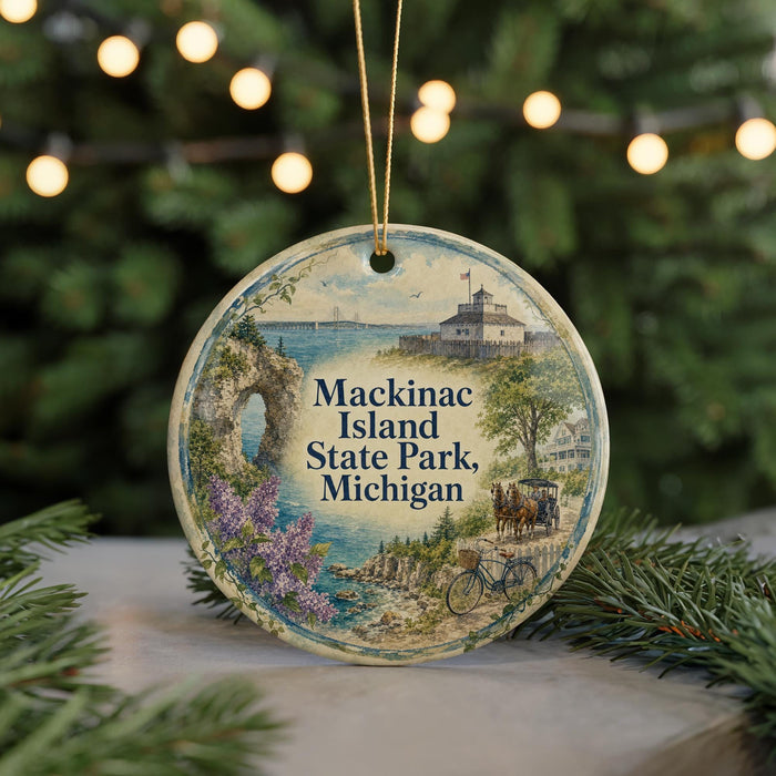 A decorative ornament featuring a scenic image of Mackinac Island, Michigan, with a bicycle, horse-drawn carriage, and a castle in the background.