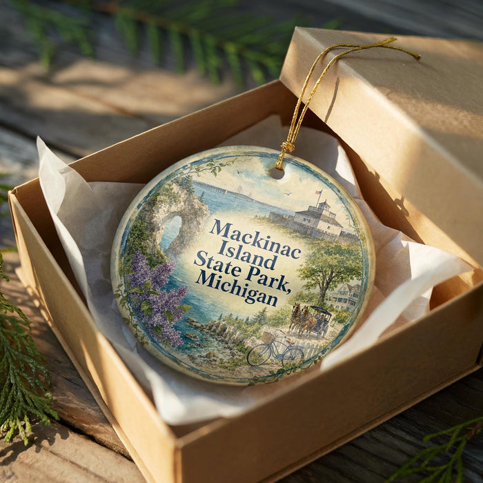 A decorative ornament in a box, featuring a scenic image of Mackinac Island, Michigan.