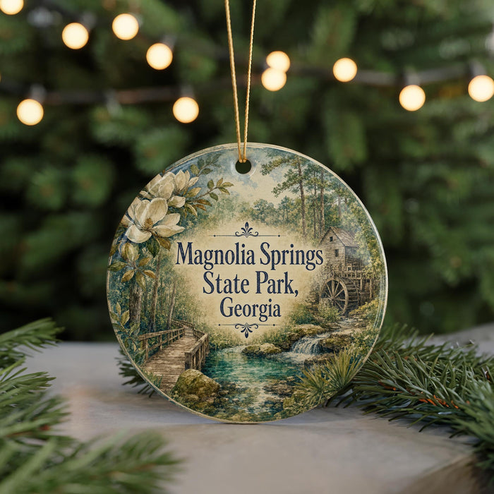 A round ornament with a scenic image of Magnolia Springs State Park, Georgia, featuring a wooden bridge, a watermill, and a forest landscape.