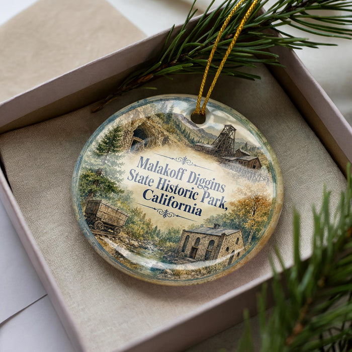 A decorative ornament with a scenic illustration of Malakoff Diggin's State Historic Park, California, displayed in a box with pine branches.
