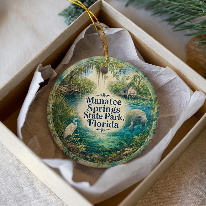 A circular ornament with a painting of a manatee and a wooden bridge, surrounded by greenery, is displayed in a box.