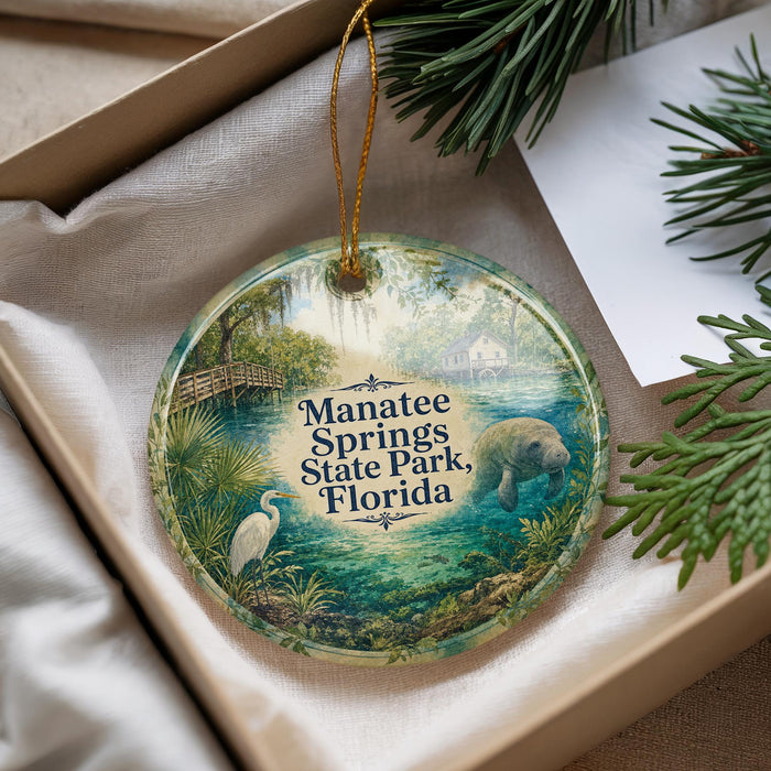 A decorative ornament with a painting of a manatee and a bird, surrounded by greenery, placed in a box with pine branches.
