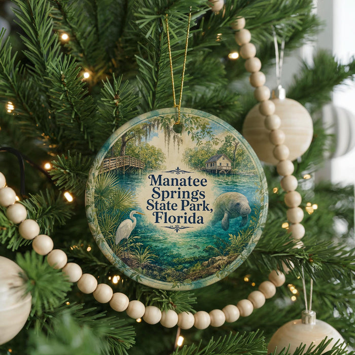 A circular ornament hanging on a Christmas tree, featuring a scenic image of Manatee Springs State Park, Florida.