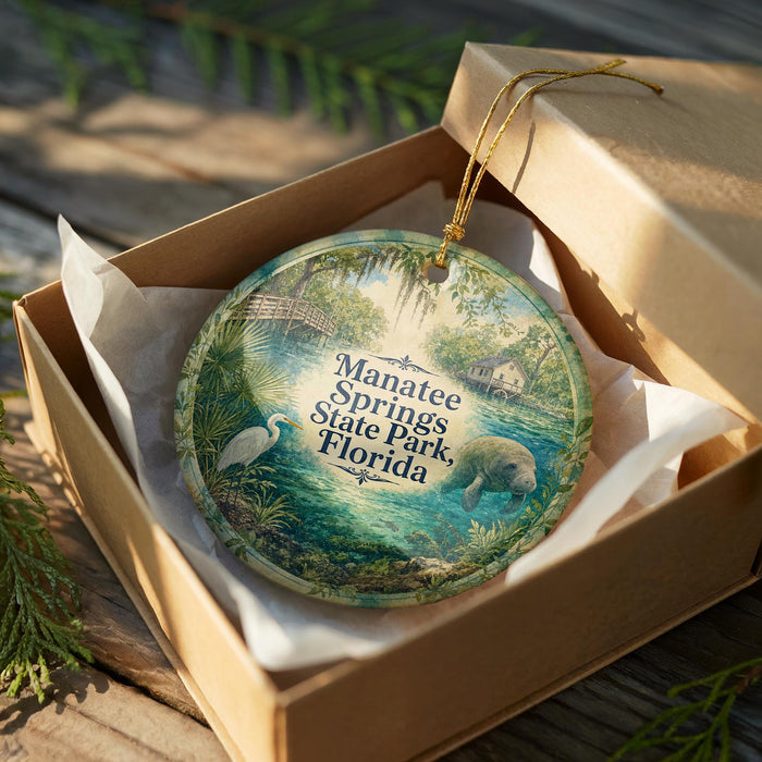 A circular ornament in a box, featuring a painting of a manatee and a bridge, with the text "Manatee Springs State Park, Florida" printed on it.