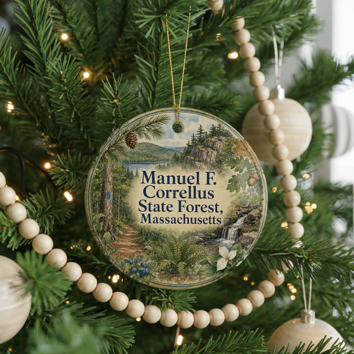 A round ornament on a Christmas tree, featuring a scenic landscape with pine trees, a waterfall, and a pine tree.