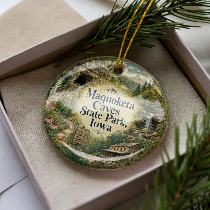 A decorative ornament with a scenic image of the Maquoketa Caves State Park, Iowa, displayed in a box with pine branches.