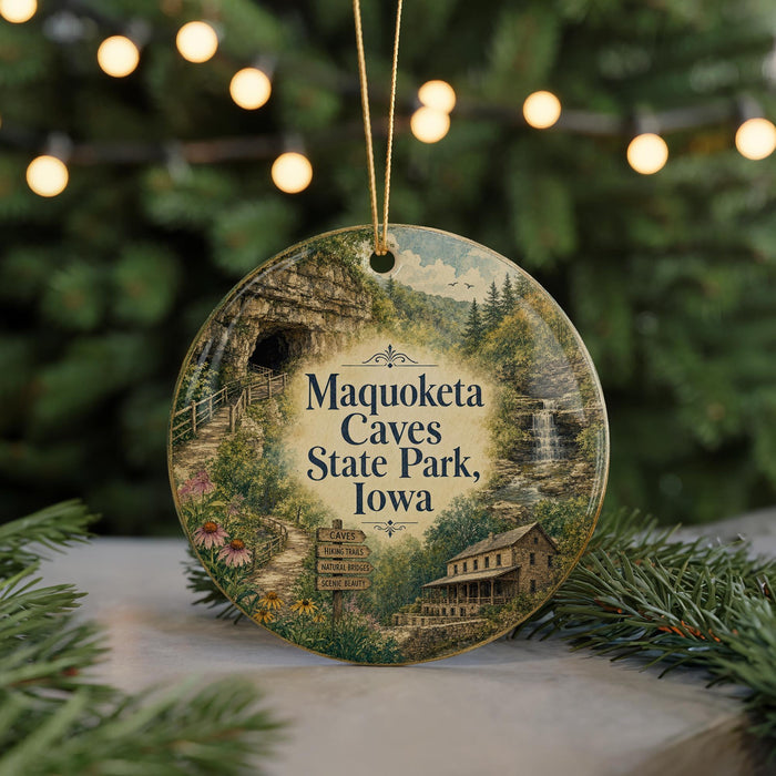A circular ornament featuring an illustration of the Maquoketa Caves State Park in Iowa, with a string of lights in the background.