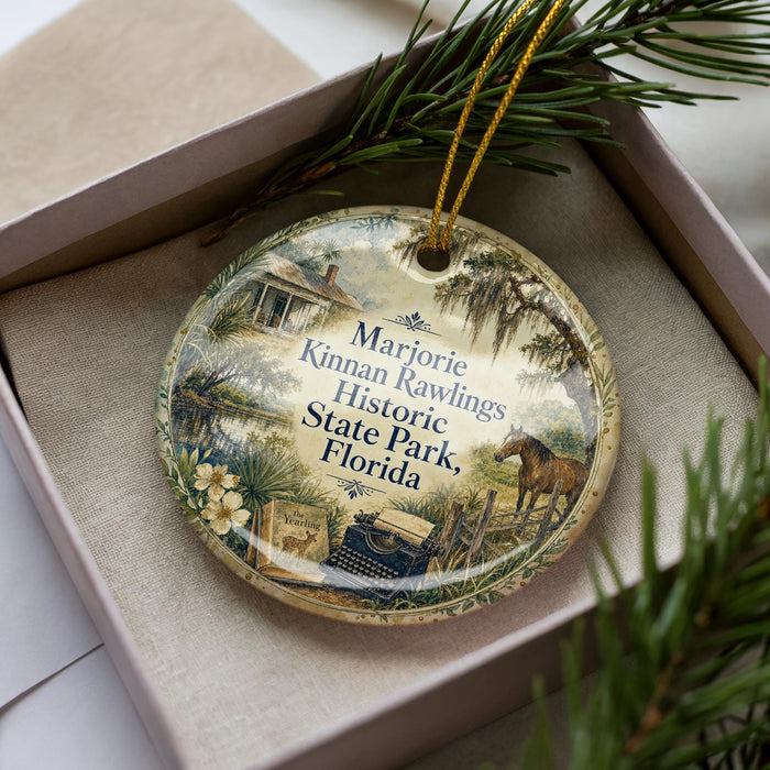 A decorative ornament in a box, featuring a vintage-style illustration of a horse, trees, and a typewriter, with the text "Marjorie Kinnan Rawlings Historic State Park, Florida" printed on it.