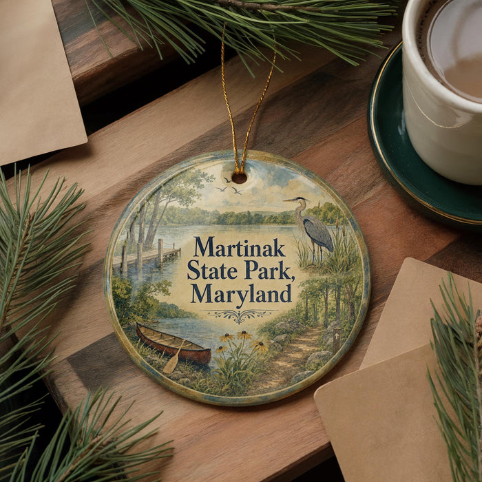 A round ornament with a scenic illustration of Martinak State Park, Maryland, featuring a boat, a bird, and a path along a river.
