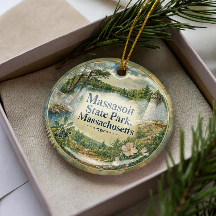 A decorative ornament in a box, featuring a scenic landscape with pine trees and a castle, with the text "Massachusetts State Park, Massachusetts" prominently displayed.