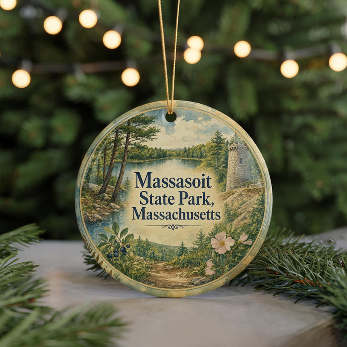 A circular ornament with a scenic landscape of a lake, trees, and a castle, hanging from a string.